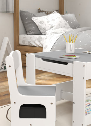 3pc Kids Table and Chair Set with Reversible Tabletop Blackboard, Storage & Bookshelves, Gray