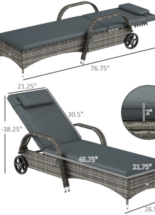 Outdoor Chaise Lounge, 5-Level Adjustable Backrest Rattan Pool Lounge Chair with Wheels, Cushion & Headrest, Black