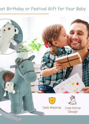 Kids Rocking Horse with Bear Toy, Plush Animal Rocker with Fun Realistic Sounds for Toddler 18-36 Months, Blue