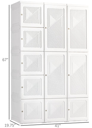 Portable Wardrobe Closet, Folding Clothes Storage Organizer with 8 Cube Compartments, 2 Hanging Rods, 11 Magnet Doors, White