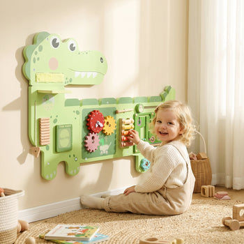 Busy Board Panels Wall-Mounted Montessori Sensory Toys Sensory Wall MDF 87 x 52 x 5.5 cm Dinosaur, Green