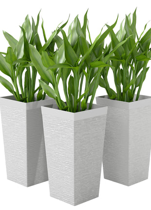 22.8 Inch Set of 3 Outdoor Planters with Stone Finish and Wheels, Stackable Tapered Planters with Drainage Hole, White