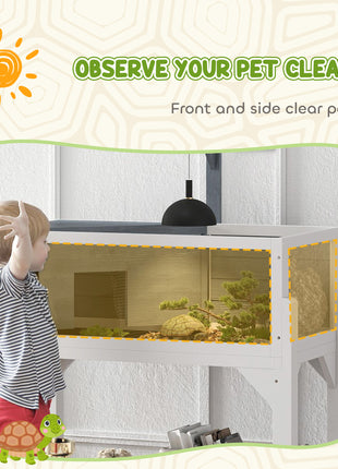 Wooden Tortoise Habitat with Storage Shelf, Tortoise Enclosure with Clear Windows, Openable Top, Lamp Holder, Gray