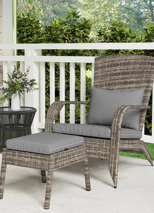 Wicker Adirondack Chair Fire Pit Chair w/ Ottoman & Cushions, Gray