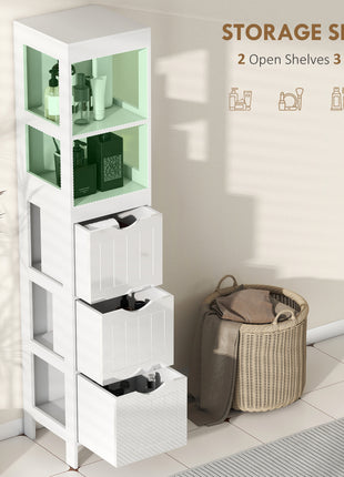 Narrow Bathroom Storage Cabinet, Bathroom Cabinet with 3 Drawers & 2 Open Shelves, Slim Bathroom Floor Cabinet, White