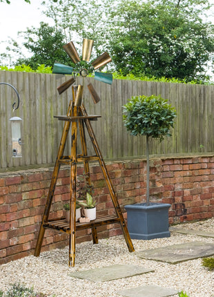 Windmill Weather Vane, Wind Vane with Bottom Shelf, Steel Windmill Head, Stained Wood