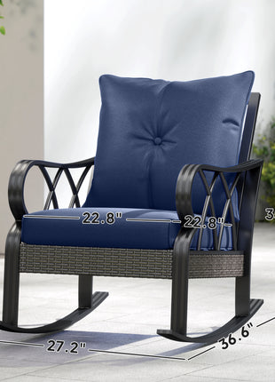 2 Piece Outdoor Wicker Rocking Chairs Rattan Porch Rockers with Cushions, Aluminum Frame for Garden, Patio, Blue