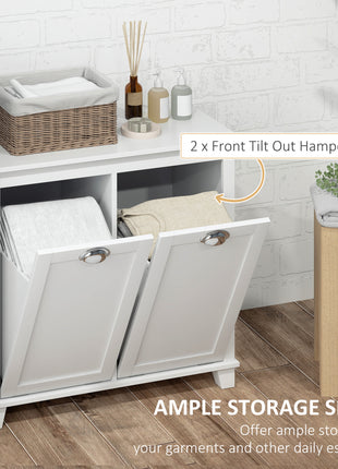 Dual Tilt out Laundry Hamper Cabinet, Bathroom Storage Cabinet with 2-Compartment Hamper, Modern Bathroom Floor Cabinet for Washroom, White
