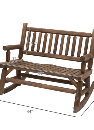 2-Person Wood Rocking Chair with Log Design, Heavy Duty Loveseat with Wide Curved Seats for Patio, Backyard, Garden, Walnut