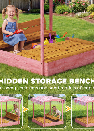Wooden Sandbox with Cover, Kids Sandbox Outdoor with Seat, Bottom Liner, Canopy for Ages 3-6, Flamingos Print, Pink