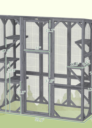 Large Wooden Catio Outdoor with 6 Jumping Platforms, Weatherproof Roof, for 1-3 Cats, 59" x 28" x 60", Gray
