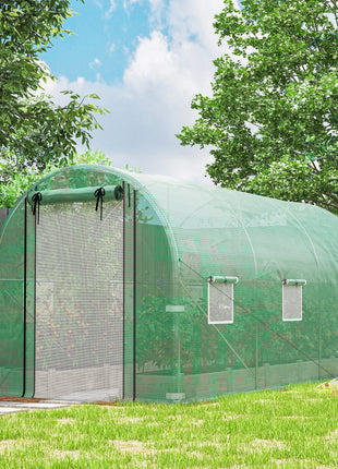 Hoop House Greenhouse, Walk-in Tunnel Greenhouse with 2 Support Rods, Zippered Roll-up Mesh Door, 14.6'x6.5'x6.6', Green