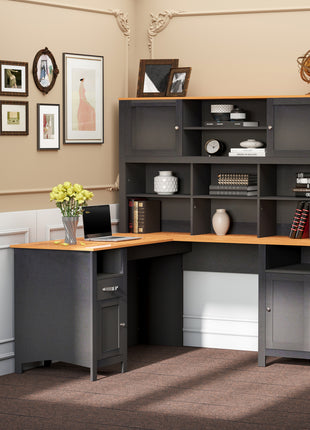 L Shaped Computer Desk with Hutch, 59" Corner Desk, Space Saving Home Office Desk with Storage Shelves, Drawer and Cabinet, Black