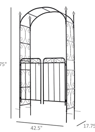 84" Garden Arch Arbor with Gate, Metal Arch Trellis, Garden Archway for Climbing Vines, Wedding Ceremony Decoration, Flourishes & Arrow Tips, Black