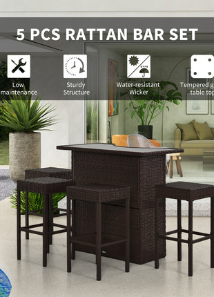 5 Piece Wicker Outdoor Bar Set, High Top Outdoor Table and Chairs, Height Patio Set with Glass Table Top 2 Tier Storage Shelf and 4 Bar Stools for Garden, Poolside, Dark Brown