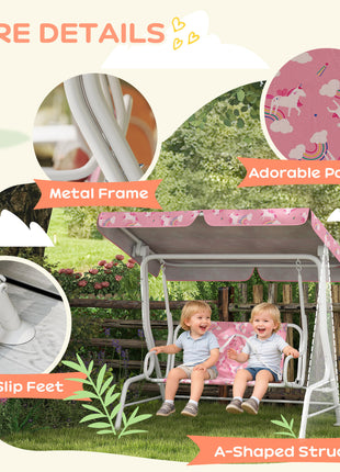 Kids Porch Swing, 2-Seater Patio Swing Bench with Safety Belts, Adjustable Canopy for Backyard, Garden, Pink