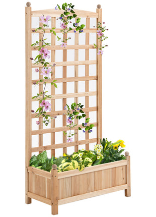 Wooden Raised Garden Bed with Trellis, Outdoor Planter Box with Drainage Crevices for Climbing Vine Plants Flowers, 24" x 12" x 49"