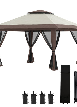 13' x 13' Pop Up Gazebo Instant Canopy Tent Shelter with 2-Tier Roof, Carry Bag, Wight Bags for Outdoor, Garden, Beige