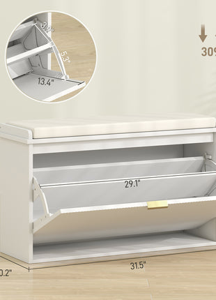 Shoe Storage Bench with Padded Seat Cushion and Flip-Drawer, Entryway Bench, Shoe Cabinet, 31.5x10.2x18.7 Inches, White