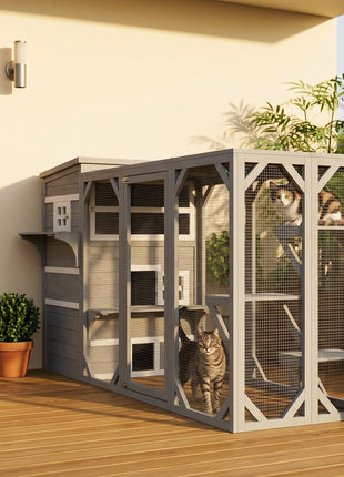 Outdoor Cat House, 3-Tier Kitty Shelter with 5 Escape Doors, Weather Resistant, Gray & White