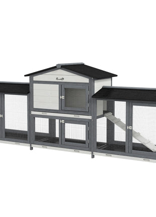 90.5" Wooden Rabbit Hutch Bunny Cage Pet Playpen House Enclosure with Double Side Run Boxes, No Leak Tray, Ramp, for Rabbits, Chickens, Ducks, Guinea Pig and Small Animals, Light Gray