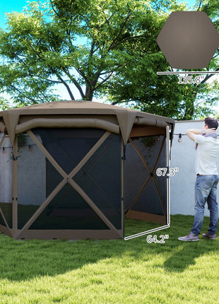 11 x 11ft Pop Up Gazebo Screen Tent with Removable Roof Cover, Roll-up Wind Panels for Camping, Backyard, Brown