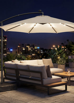 10 ft Cantilever Patio Umbrella with Light, Weight, Offset Hanging Outdoor Umbrella with Protective Cover, Cream White