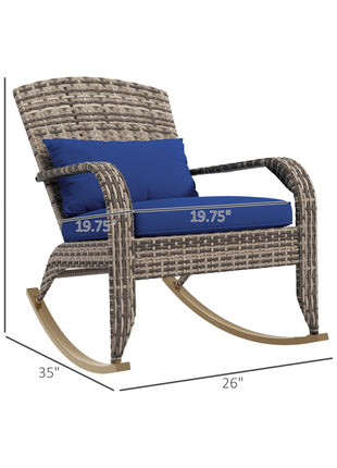 Adirondack Chair, Outdoor Wicker Rocking Chair with High Back, Seat Cushion, and Pillow for Porch, Balcony, Dark Blue