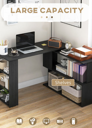 360° Rotating Home Office Desk L Shaped Corner Computer Desk with Storage Shelves, Writing Table Workstation, Black