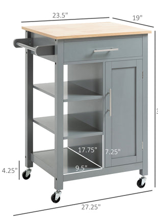 Kitchen Island Cart, Rolling Kitchen Island with Storage Shelf, Solid Wood Top, Drawer, for Dining Room, Gray