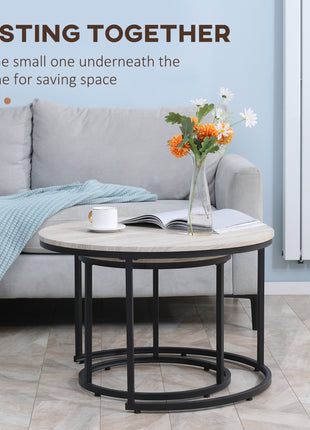 Round Nesting Tables Set of 2, Stacking Coffee Table Set with Metal Frame for Living Room, Grey