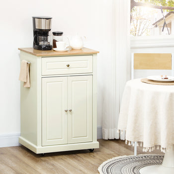 Rolling Kitchen Island Cart, Portable Serving Trolley Table with Drawer, Adjustable Shelf and 2 Towel Racks, Cream White