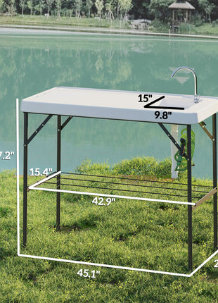Folding Fish Cleaning Table with Sink, Portable Camping Table with Faucet, Drainage Hose, Sprayer and Shelf, White