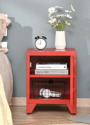 Industrial End Table, Living Room Side Table with Locker-Style Door and Adjustable Shelf, Red