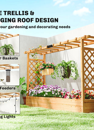 Wooden Planter Box with Trellis, Hanging Roof and Drainage Holes for Climbing Plants, Vegetables, Herbs and Flowers