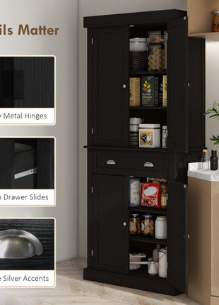 72.5" Kitchen Cabinet, Pantry Storage Cabinet with Doors and Shelves, Freestanding Food Pantry Cabinet, Black Wood Grain