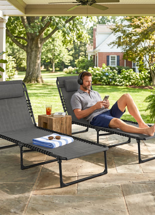 2 Folding Chaise Lounge Pool Chairs with 4-Position Reclining Back, Pillow, Breathable Mesh & Bungee Seat, Gray