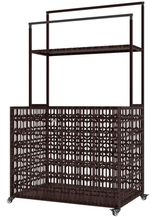 Wicker Pool Float Storage Organizer, PE Rattan Pool Float Holder with Basket Shelf Towel Bars, Rolling Pool Caddy for Floaties, Noodles, Life Vests, Beach Balls, Mixed-Brown