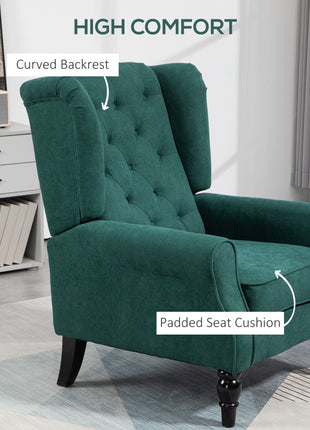 Wingback Accent Chair for Living Room, Button-Tufted Lounge Chair with Round Armrests and Wood Legs, Dark Green