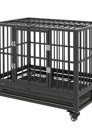 36" Heavy Duty Dog Crate Metal Cage Kennel with Lockable Wheels, Double Door and Removable Tray, Gray