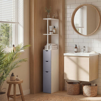 54" Tall Bathroom Storage Cabinet, Freestanding Linen Tower with 2-Tier Shelf and Drawers, Narrow Side Floor Organizer, White