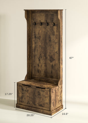 Hall Tree with Coat Rack, Storage, and Sitting Bench, Rustic Brown