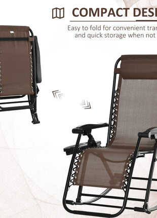 Outdoor Rocking Chairs, Foldable Reclining Zero Gravity Lounge Rocker with Pillow, Cup & Phone Holder, Combo Design with Folding Legs, Brown