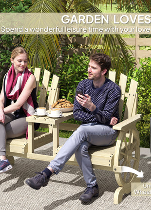 2-Seat Wooden Garden Bench with Table, Umbrella Hole, High Backrest, Armrests for Backyard, Patio, Garden, Natural Wood