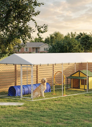 20' x 7.5' x 6.5' Dog Kennel Outdoor for Small Medium Large Dogs with Waterproof Roof, Silver