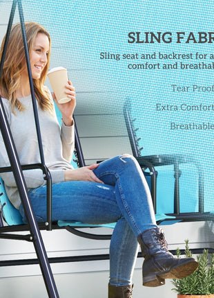 2 Person Porch Swing with Canopy, Storage Table, Cup Holder, Blue