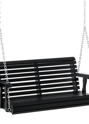 Porch Swing with Chains and Cupholders, 2 Person Wooden Patio Swing Chair, 440 lbs. Weight Capacity, for Garden, Poolside, Backyard, Black