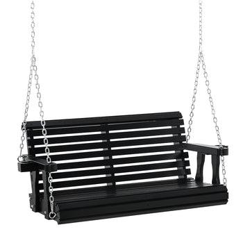 Porch Swing with Chains and Cupholders, 2 Person Wooden Patio Swing Chair, 440 lbs. Weight Capacity, for Garden, Poolside, Backyard, Black