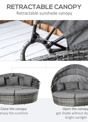 4 Piece Round Rattan Daybed, Convertible Patio Furniture Set, Adjustable Sun Canopy, Sectional Outdoor Sofa, 2 Chairs, Extending Tea Table Ottoman Chair, 3 Pillows, Gray