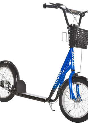 Youth Scooter, Kick Scooter with Adjustable Handlebars, Double Brakes, 16" Inflatable Rubber Tires, Basket, Cupholder, Blue